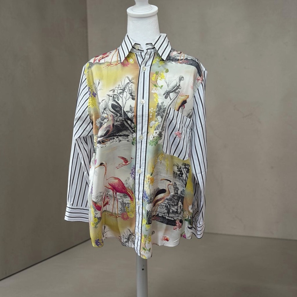 ETRO Milano Women Silk Cotton Bird Floral Print Striped Shirt Blouse